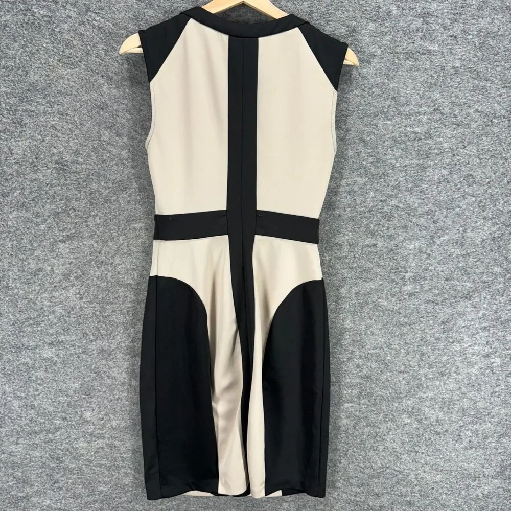 Beige Dress Women 4 Black Colorblock Sheath Midi Zipper V-Neck Sleeveless Casual